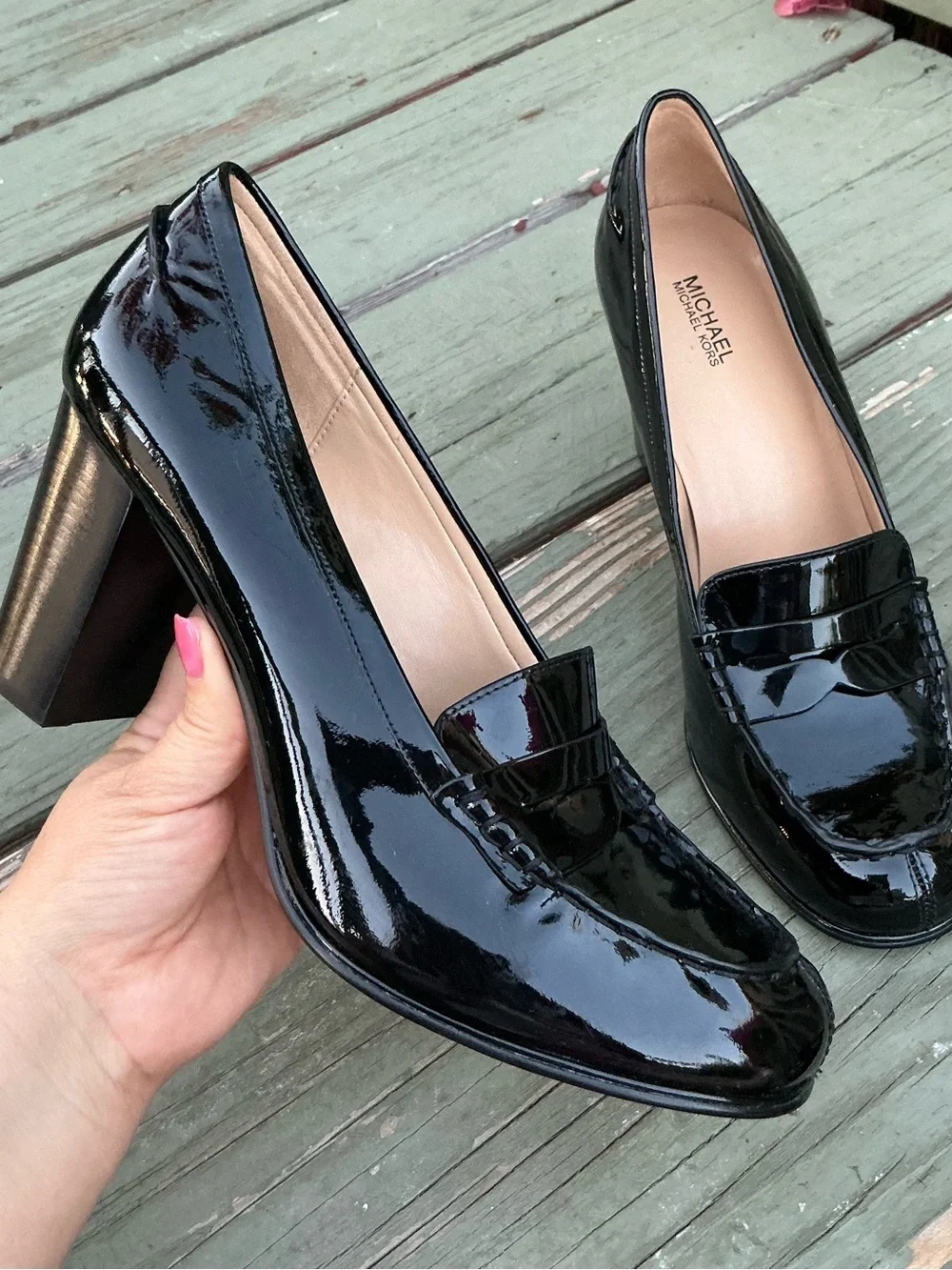 Michael Kors Black Patent Women Leather Penny Loafers Heels Size 10